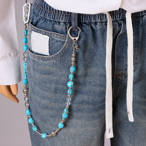 โซ่คาดเอวประดับลูกปัดรูปหัวกะโหลกสีฟ้าเทอร์ควอยซ์  โซ่คาดเอวโลหะผสม  เครื่องประดับแฟชั่นลำลอง ดีไซน์ชั้นเดียว - Product Image 1