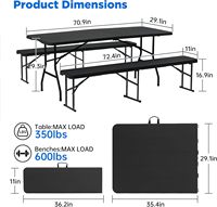 Ensemble de table pliante de pique-nique noire de 6 pieds avec 2 bancs, ensembles de repas portables pour patio, jardin, événements, fêtes, camping