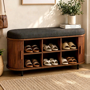 Wholesale Modern Fluted Wood Shoe Cabinet <b>Bench</b> With Cushioned Seat Mudroom Entryway <b>Storage</b> Furniture Maker - Product Image 1