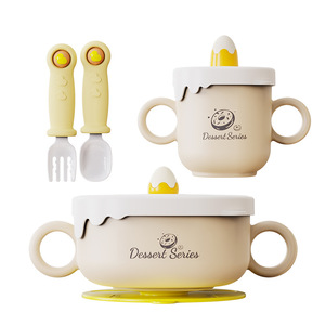 Juego de Vajilla para Bebé, Color Amarillo Crema, Tazón Antideslizante con Tenedor y Cuchara, 6 Meses o Más, Diseño de la Serie Postre - Product Image 1