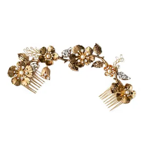 2019 Collection Hand Painted Brass Rose Floral Charms Buds Decorated Tiara Wedding Hair Accessories Bridal Hairpin Hair Comb Set