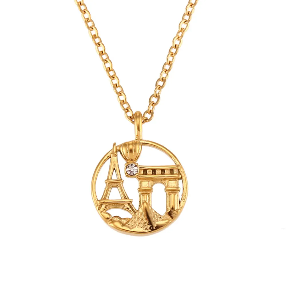 New World Famous City Gold Circular Landmark Architectural Pendant Stainless Steel Necklace Pendant