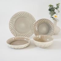 16 Pc Beige Céramique Grès Rpund Large Face Yaourt Bol et Champignon Soupe Bol Ensemble Spirales Emboss Vaisselle Ensembles