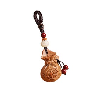 Llavero de madera de durazno tallado con bolsa de la suerte, colgante estilo chino para monedas, regalo portátil para mochila o coche - Product Image 5