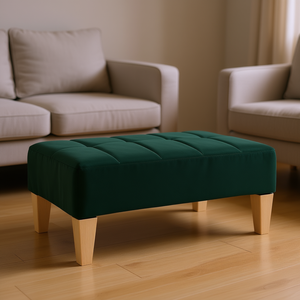 Poggiapiedi in velluto verde scuro con gambe in legno, design moderno e semplice per l'arredamento del soggiorno - Product Image 2