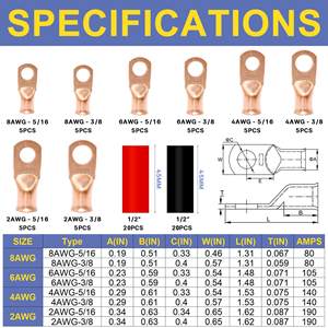 Kit de 80 cosses de câblage en cuivre, bornes à sertir AWG 8 6 4 2, norme américaine, rouge et noir, avec gaine thermorétractable - Product Image 5