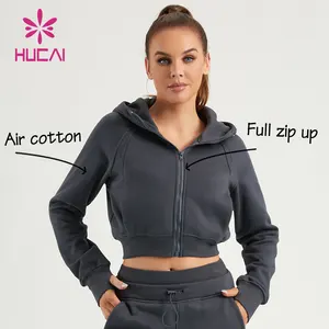 HUCAI individuelles Logo Damen Air Baumwolle leichtgewicht Training Sport Fitnessstudio voller Reißverschluss baumwollzug zugeschnittener Hoodie