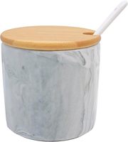 Lot de 6 pots à épices et condiments en céramique marbrée grise avec couvercles en bambou, support de cuisine et cuillères à usage alimentaire