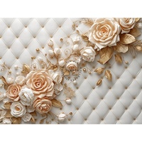 Papier peint mural intérieur 3D floral luxueux et élégant, imperméable, textures blanches, feuilles d'or, rose