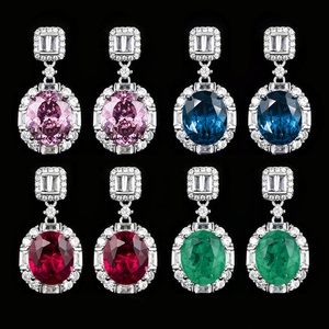 Vintage Jewelry Eco-friendly Copper Silver Plated Oval Cut 10*12mm Red Zircon Halo Dangle Drop <b>Earrings</b> for Women - Product Image 4