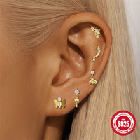 Boucles d'oreilles tendance en argent sterling S925 avec zircon, style Ins, motif Koi, papillon, pompon, abeille, libellule, tête plate, pour cartilage