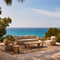 Ensemble de canapés d'extérieur de luxe pour villas de villégiature, canapé de jardin moderne en bois, mobilier de patio en teck pour hôtels, ensemble de meubles d'extérieur
