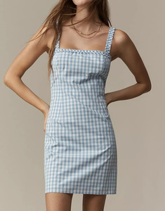 Robe mini en coton à carreaux pour femmes, robe sans manches à volants, robe décontractée pour l'été, style preppy, robe en coton à carreaux bleus - Product Image 3