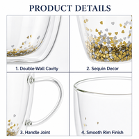 Mug en verre décoratif à double paroi isolé avec paillettes en forme de cœur, grande capacité de 475 ml, pour café, thé, boissons chaudes, maison, bureau, cadeau