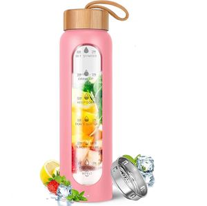 Bouteille d'eau classique à large ouverture de 1000 ml, en verre borosilicate fait main, anti-fuite, sans BPA, sans danger pour les aliments, avec couvercle en bambou et manchon en silicone - Product Image 2