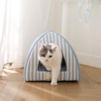 Tente pour animaux de compagnie rayée avec coussin amovible, lit-caverne pour chat, tipi semi-fermé pour chien, base antidérapante