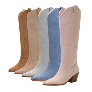 <span class=keywords><strong>Stivali</strong></span> da equitazione da donna ricamati stile western al ginocchio, a punta, con tacco basso, in finta pelle scamosciata, leggeri, antiscivolo, per estate e inverno - Product Image 1