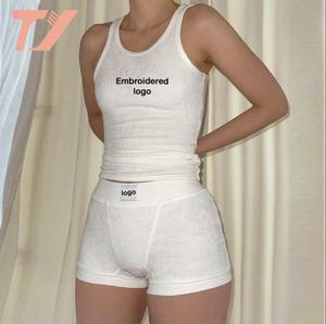 Custom logo <strong>Summer</strong> Loungewear Suit Beach Terry Towel White 2 Piece Short Set tank Top and Boxer Short Sets for Women - Product Image 2