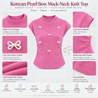 Pull court en maille pour femme, style coréen, avec nœud en perles, manches courtes, ourlet incurvé, coupe ajustée, froncé sur les côtés, vente en gros OEM ODM