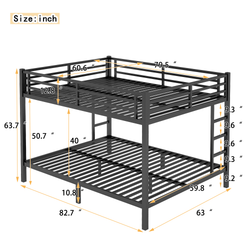 Black FCJ Metal Queen Over Queen Bunk Bed for Teens Adults Space-Saving Noise Reduced Design No Box Spring Needed Iron Frame