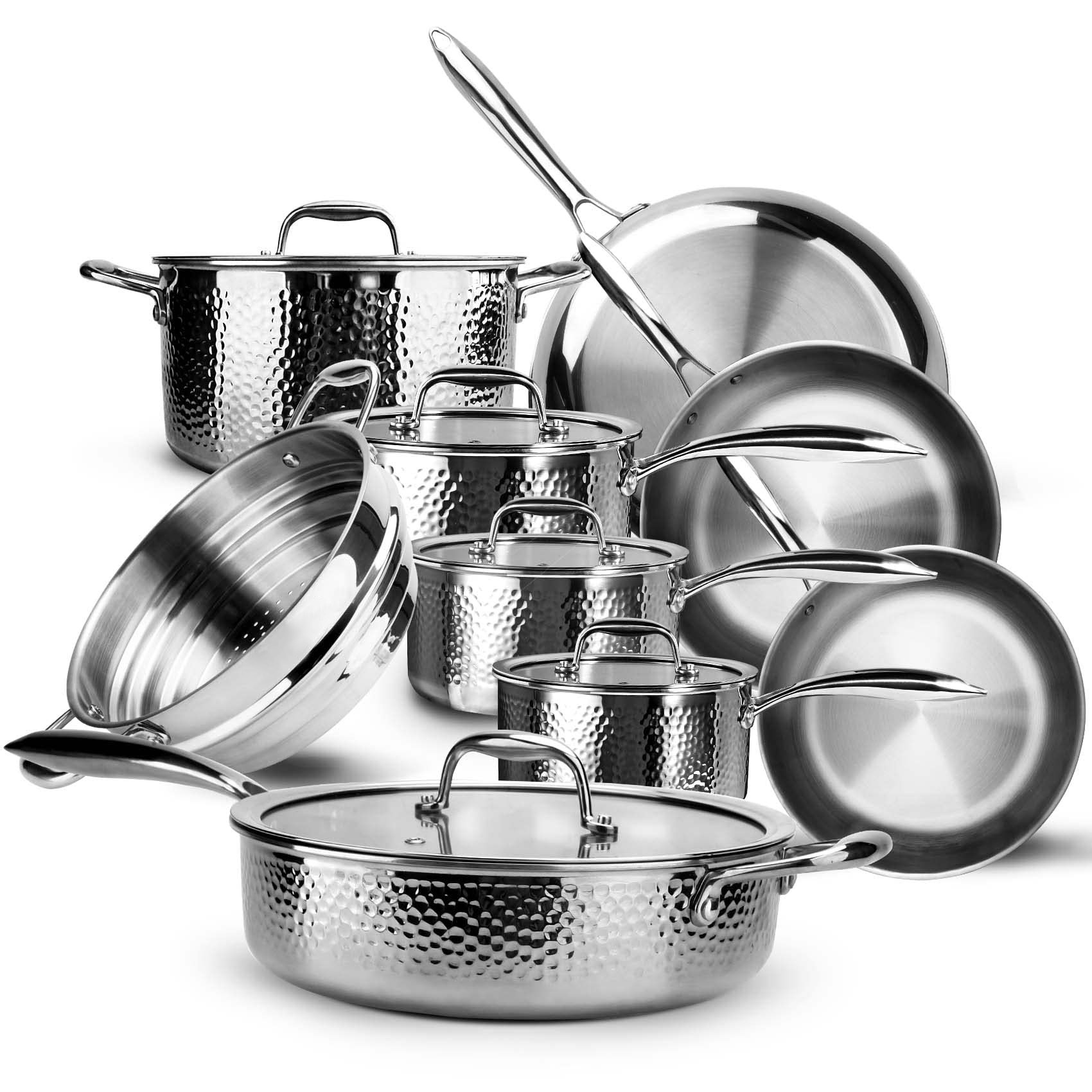New Design 14-Piece Modern Hammer Pattern Triply Stainless Steel Eco-Friendly Durable Healthy Pots and Pans for Cooking