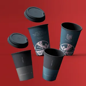 Custom logo 8oz 14oz biodegradable black double layer paper cups takeaway plastic juice coffee packaging cup with lid sleeve