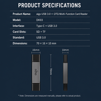 Lecteur de cartes SD TF en aluminium USB 3.0 Type-C double connecteur OTG, adaptateur de mémoire flash pour ordinateur portable et PC, logo personnalisé, vente en gros usine