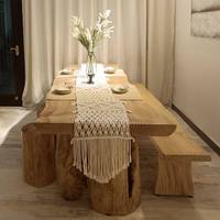 Table à manger rectangulaire en bois massif style Wabi-Sabi japonais avec 6 chaises et table à thé, idéale pour l'affichage de vêtements