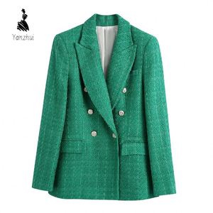 Jas <span class=keywords><strong>Blazer</strong></span> Wanita Motif Kotak-kotak Wol Berkancing Ganda Lengan Panjang Musim Semi Gugur YZ dengan Saku, Cocok untuk Kantor - Product Image 3