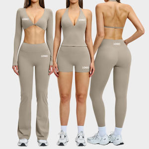 Ensemble de yoga 6 pièces personnalisé avec logo – Tenue de <span class=keywords><strong>sport</strong></span> respirante pour <span class=keywords><strong>femme</strong></span> : Crop top, leggings évasés, soutien-gorge et short d'entraînement - Product Image 1