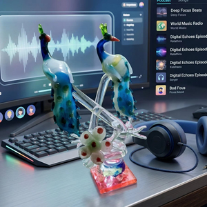 Figurine de paon en verre bleu soufflé à la main, style Murano, sculpture artisanale de deux oiseaux décorative de Noël, dôme sur base florale - Product Image 5