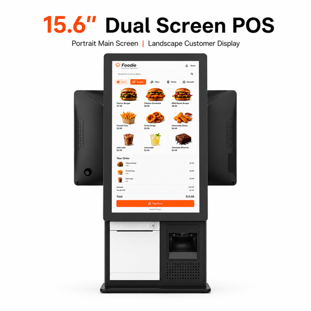 15.6 Inch Dual Display POS Machine Portrait Main Touch Screen Landscape Customer Monitor for Restaurant and Retail Counter