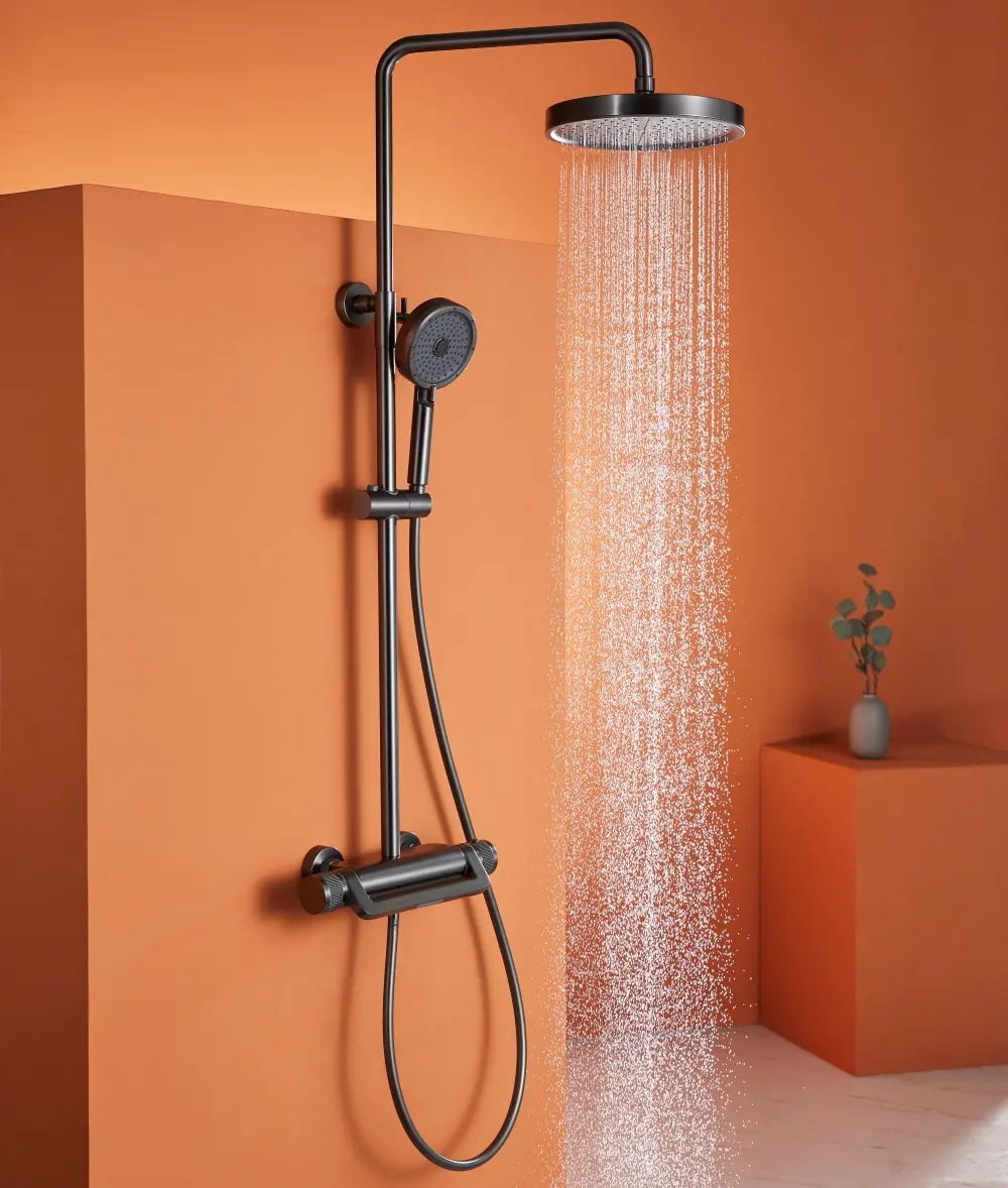 Gun Grey European Style Thermostatic Valve Shower Set Shower Head Faucet Brass Waterfall Rainfall Style Smart Shower Panel