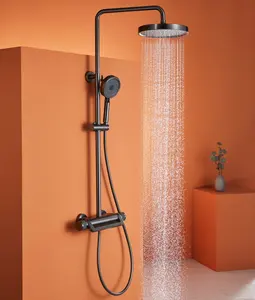 枪灰色欧式恒温阀淋浴装置淋浴喷头水龙头黄铜瀑布雨水式智能淋浴面板