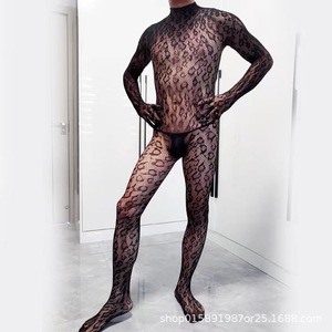 Combinaison sexy en résille pour homme, manches longues, motif léopard, noir, taille unique, nylon, costume de cosplay - Product Image 2