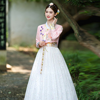 Hanbok élégant pour femmes, vêtements traditionnels coréens, hauts roses, jupe blanche, ensemble 2 pièces, Costume de Cosplay pour fête d'halloween, costumes de scène