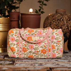 Hand Block Printed Cotton Duffel <b>Bag</b> <b>for</b> Orange Floral Design Handmade <b>Travel</b> <b>Tote</b> Eco-Friendly <b>Large</b> Capacity Durable Jaipur - Product Image 2