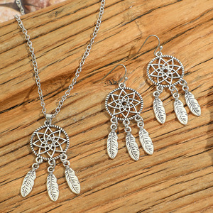 Ensemble de bijoux ethniques en alliage plaqué argent antique, collier et boucles d'oreilles pendantes en forme de goutte d'eau, bijoux de mode pour femmes, design géométrique - Product Image 3