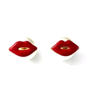 New design custom jewelry red enamel lips pearl 18k gold plated stud earrings for women