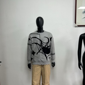 Men Distressed Knit Sweater Crew Neck <b>Pullover</b> <b>Jumper</b> Spider Web Graphic Winter Streetwear Custom Logo - Product Image 3