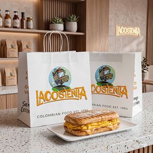 Custom Wholesale Recyclable Biodegradable Corn Pancake Meat Stuffed Rolls Kraft Paper Takeaway <b>Bags</b> Handles for Restaurant - Product Image 3