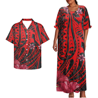 Matchable Couple Hawaiian Luau Chemise et Wrap Puffy Dress Polynesian Tapa Print Micronesian Women Mumu Dress Matching Men Shirts