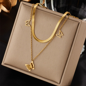 European American Style Double Layer Butterfly Clavicle <b>Chain</b> Gold <b>Titanium</b> Steel Necklace Gift - Product Image 1