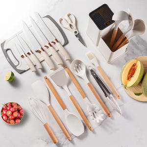 Conjunto de Utensílios de Cozinha de Silicone com 19 Peças com Cabo de Madeira Ferramentas de Culinária Faca Tábua de Corte Balde de Armazenamento Gadgets de Cozinha - Product Image 3