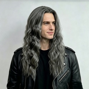 <span class=keywords><strong>Perruque</strong></span> synthétique longue et bouclée <span class=keywords><strong>grise</strong></span>, style punk rock, avec raie au milieu, pour homme, idéale pour <span class=keywords><strong>Halloween</strong></span>, fabrication machine, vente en gros, style européen et américain - Product Image 2