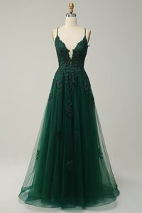 Abito da ballo con spalline sottili e scollo a V profondo, con lacci sul retro, in pizzo floreale 3D e <span class=keywords><strong>tulle</strong></span>, linea ad A, abito da sera, abito da damigella d'onore, vendita all'ingrosso di fabbrica - Product Image 6