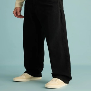 Jean pour homme en denim noir délavé, à ourlet effiloché, double épaisseur aux genoux, style hip-hop, coupe large, imprimé feuille métallisée, personnalisable ODM - Product Image 3