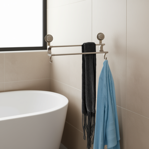 Porte-serviettes double en métal à fixation par ventouse, accessoire de salle de bain, finition brossée, design moderne - Product Image 2
