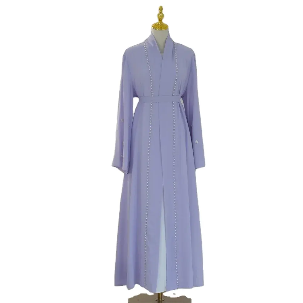 2023 popular new women muslim abaya dress with hijab purple pearl long sleeve dubai abaya discount sale