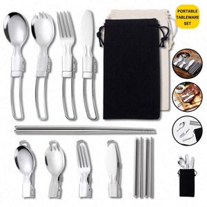 Portable Stainless Steel Cutlery Outdoor Camping Travel Flatware Set <b>Foldable</b> Detachable Knife Fork Spoon Bulk - Product Image 2